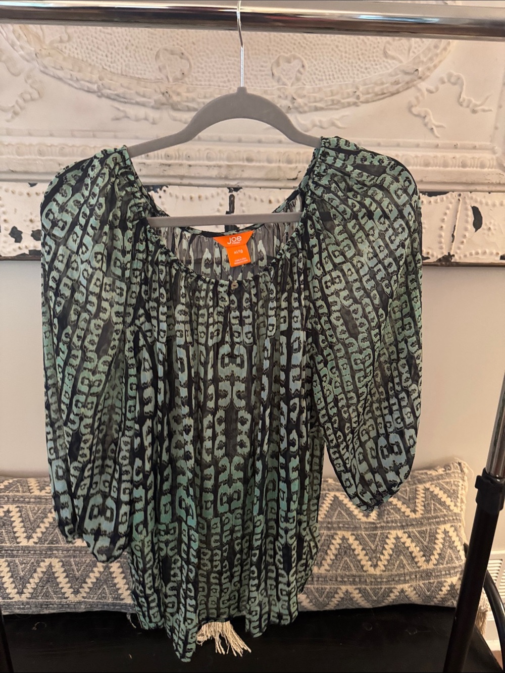 Joe Fresh Black and Mint Green Patterned Peasant Top